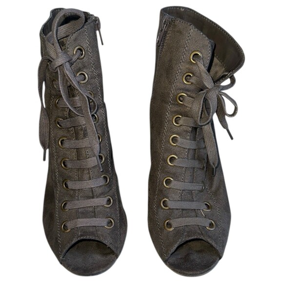 Womens 8 Peep Toe Lace Up Booties Chunky Heel Gray Suede Ankle Boots y2k chugey - Picture 10 of 15